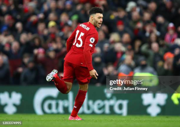 Alex Oxlade-Chamberlain of Liverpool celebrates after scoring his team's first goal during the Premier League match between Liverpool FC and...