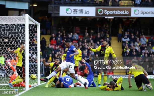 Yerry Mina of Everton scores his team's first goal during the Premier League match between Watford FC and Everton FC at Vicarage Road on February 01,...