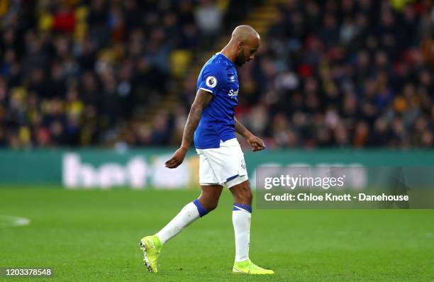Fabian Delph of Everton walks off after being awarded a red card during the Premier League match between Watford FC and Everton FC at Vicarage Road...