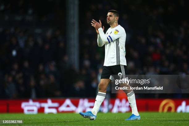 Aleksandar Mitrovic of Fulham acknowledges the crowd at full-time during the Sky Bet Championship match between Fulham and Huddersfield Town at...
