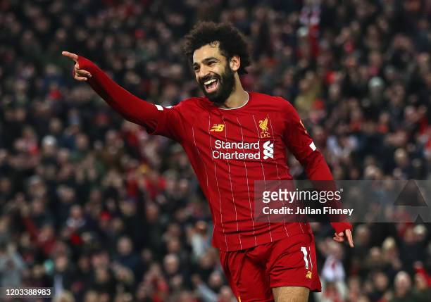 Mohamed Salah of Liverpool celebrates after scoring his team's fourth goal during the Premier League match between Liverpool FC and Southampton FC at...