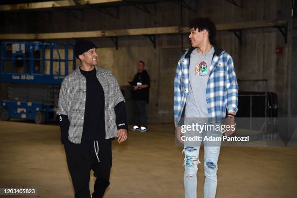 Frank Jackson and Jaxson Hayes of the New Orleans Pelicans arrive to the game against the Los Angeles Lakers on February 25, 2020 at STAPLES Center...