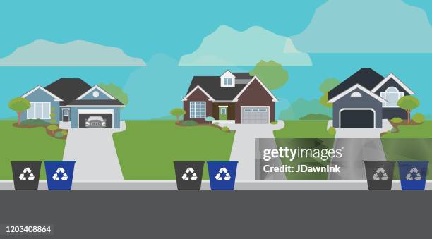 stockillustraties, clipart, cartoons en iconen met de vrachtwagen die van het huisvuil kan van het huisvuil op een woonvoorstedelijke straat opheffen - suburbs