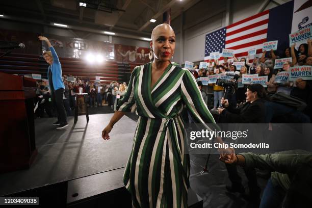 Rep. Ayanna Pressley steps off stage after introducing Democratic presidential candidate Sen. Elizabeth Warren during a campaign rally at Kohawk...