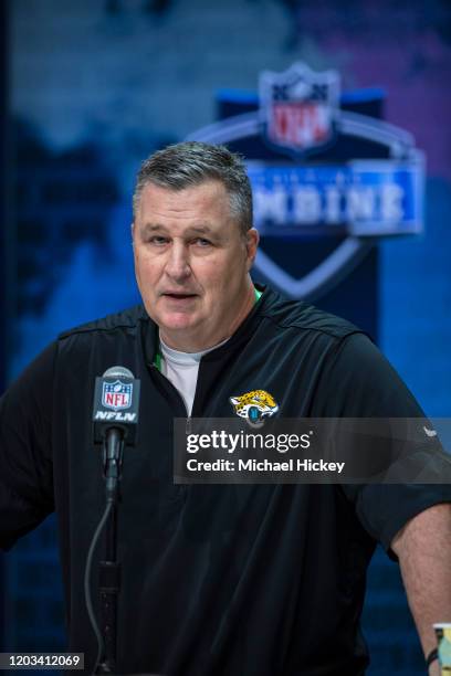 Head coach Doug Marrone of the Jacksonville Jaguars speaks to the media at the Indiana Convention Center on February 25, 2020 in Indianapolis,...