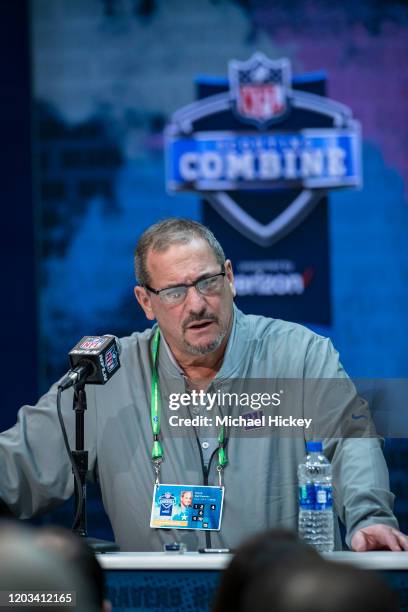 General manager Dave Gettleman of the New York Giants speaks to the media at the Indiana Convention Center on February 25, 2020 in Indianapolis,...