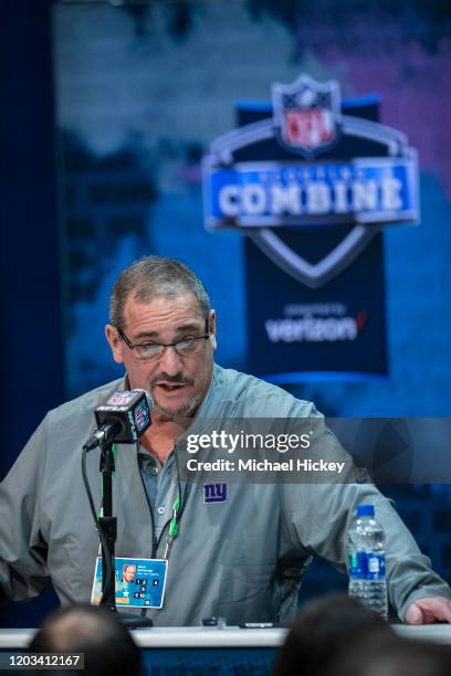 General manager Dave Gettleman of the New York Giants speaks to the media at the Indiana Convention Center on February 25, 2020 in Indianapolis,...