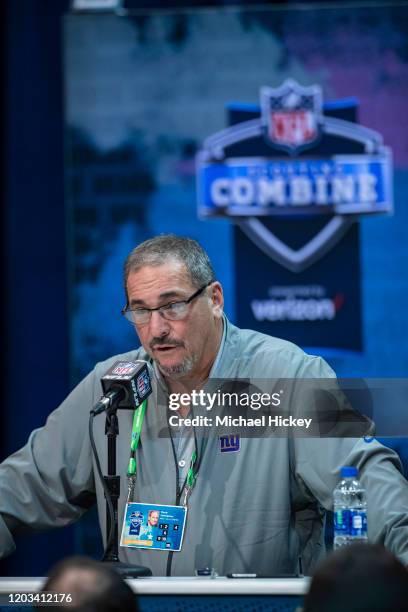 General manager Dave Gettleman of the New York Giants speaks to the media at the Indiana Convention Center on February 25, 2020 in Indianapolis,...