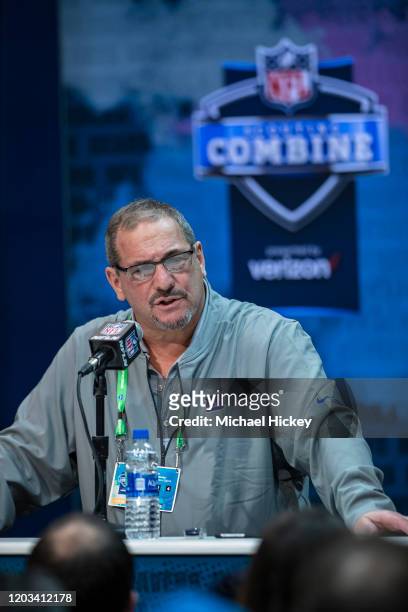 General manager Dave Gettleman of the New York Giants speaks to the media at the Indiana Convention Center on February 25, 2020 in Indianapolis,...