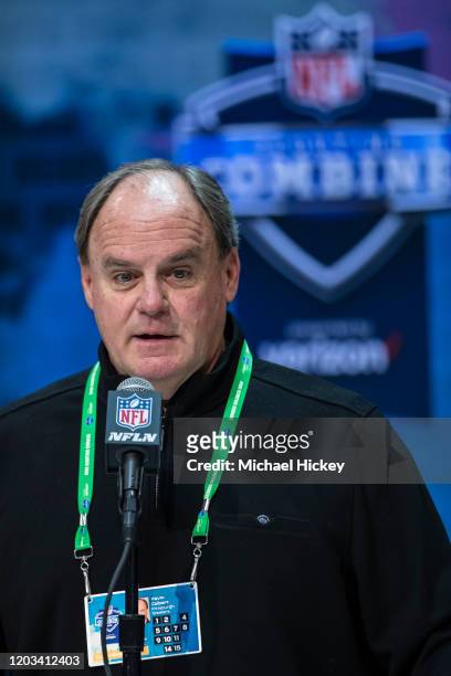 General manager Kevin Colbert of the Pittsburgh Steelers speaks to the media at the Indiana Convention Center on February 25, 2020 in Indianapolis,...
