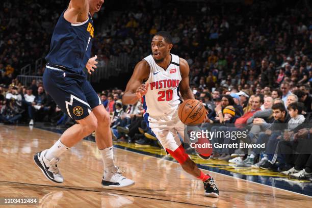 Brandon Knight of the Detroit Pistons drives to the basket against the Denver Nuggets on February 25, 2020 at the Pepsi Center in Denver, Colorado....