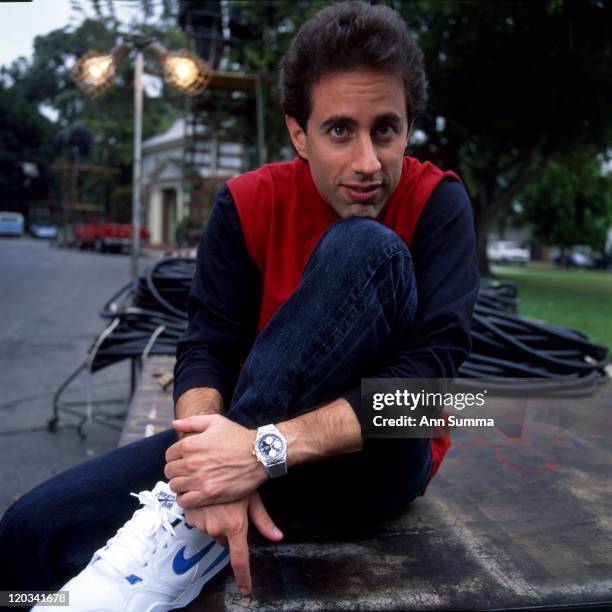 Comedian Jerry Seinfeld poses for a portrait session at the MTM Studios during the "Seinfeld" filming days on October 2, 1990 in Los Angeles,...