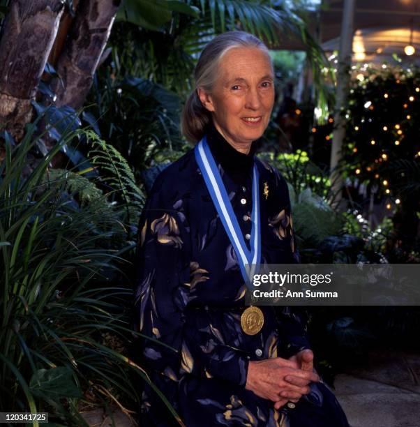 Scientist Jane Goodall with the Tyler Award she had just received on May 2, 1987 in Los Angeles, California.