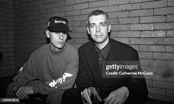 Pet Shop Boys Neil Tennant and Chris Lowe pose for a photo in April 1991 in New York City, New York.