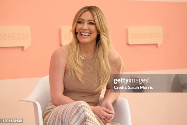 Hilary Duff speaks during #BlogHer20 Health at Rolling Greens Los Angeles on February 01, 2020 in Los Angeles, California.