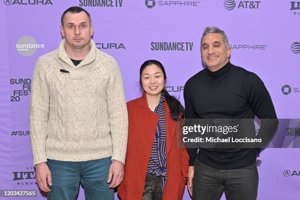 Oleg Sentsov, Nanfu Wang and Bassem Youssef attend the 2020 Sundance Film Festival The Feeling Of Exile Panel at Filmmaker Lodge on February 01, 2020...