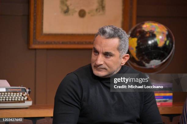 Bassem Youssef speaks onstage during the 2020 Sundance Film Festival The Feeling Of Exile Panel at Filmmaker Lodge on February 01, 2020 in Park City,...