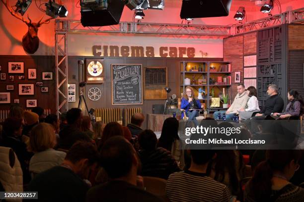 Suzanne Nossel, Oleg Sentsov, Bassem Youssef and Nanfu Wang speak onstage during the 2020 Sundance Film Festival The Feeling Of Exile Panel at...