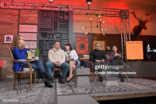 Suzanne Nossel, Oleg Sentsov, Bassem Youssef and Nanfu Wang speak onstage during the 2020 Sundance Film Festival The Feeling Of Exile Panel at...