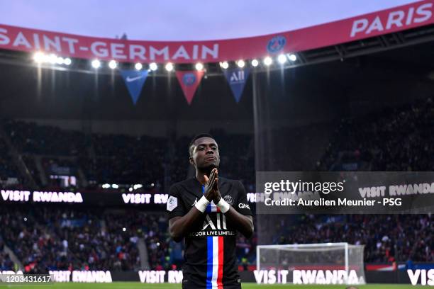 Idrissa Gueye of Paris Saint-Germain reacts during the Ligue 1 match between Paris Saint-Germain and Montpellier HSC at Parc des Princes on February...