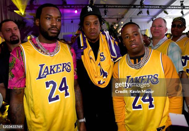 Meek Mill, Jay-Z and Yo Gotti attend Michael Rubin's Fanatics Super Bowl Party at Loews Miami Beach Hotel on February 01, 2020 in Miami Beach,...