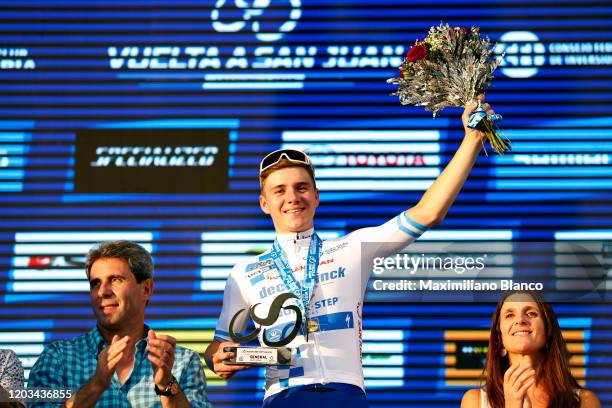 Podium / Remco Evenepoel of Belgium and Deceuninck - Quick-Step Team White Leader Jersey / Celebration / Flowers / during the 38th Vuelta a San Juan...