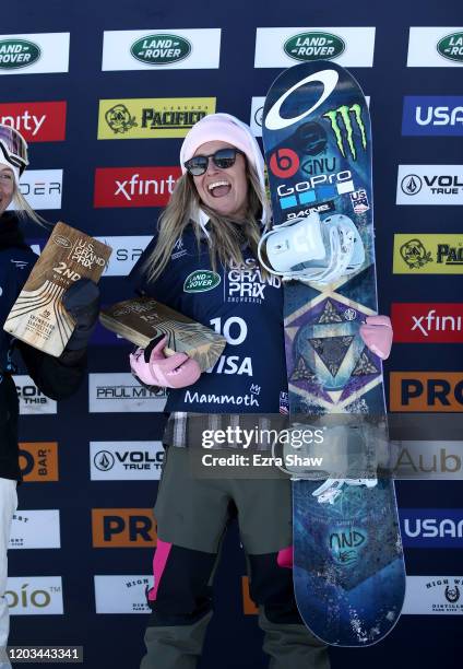 Jamie Anderson of the United States stands on the podium after she won the Women's Snowboard Slopestyle Finals at the 2020 U.S. Grand Prix at Mammoth...