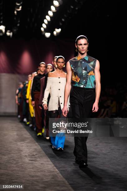 Models walk the runway at the Duarte fashion show during Mercedes Benz Fashion Week Madrid Autumn/Winter 2020-21 at Ifema on February 01, 2020 in...