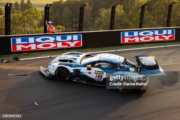 The car of Come Ledogar of Garage 59 is pictured after crashing during the 2020 Bathurst 12 Hour at Mount Panorama on February 01, 2020 in Bathurst,...