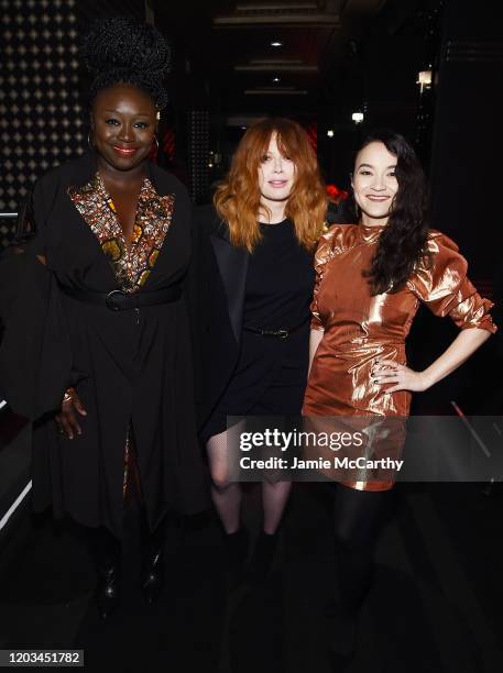 Jocelyn Bioh, Natasha Lyonne, and Cirocco Dunlap pose backstage at the 72nd Writers Guild Awards at Edison Ballroom on February 01, 2020 in New York...