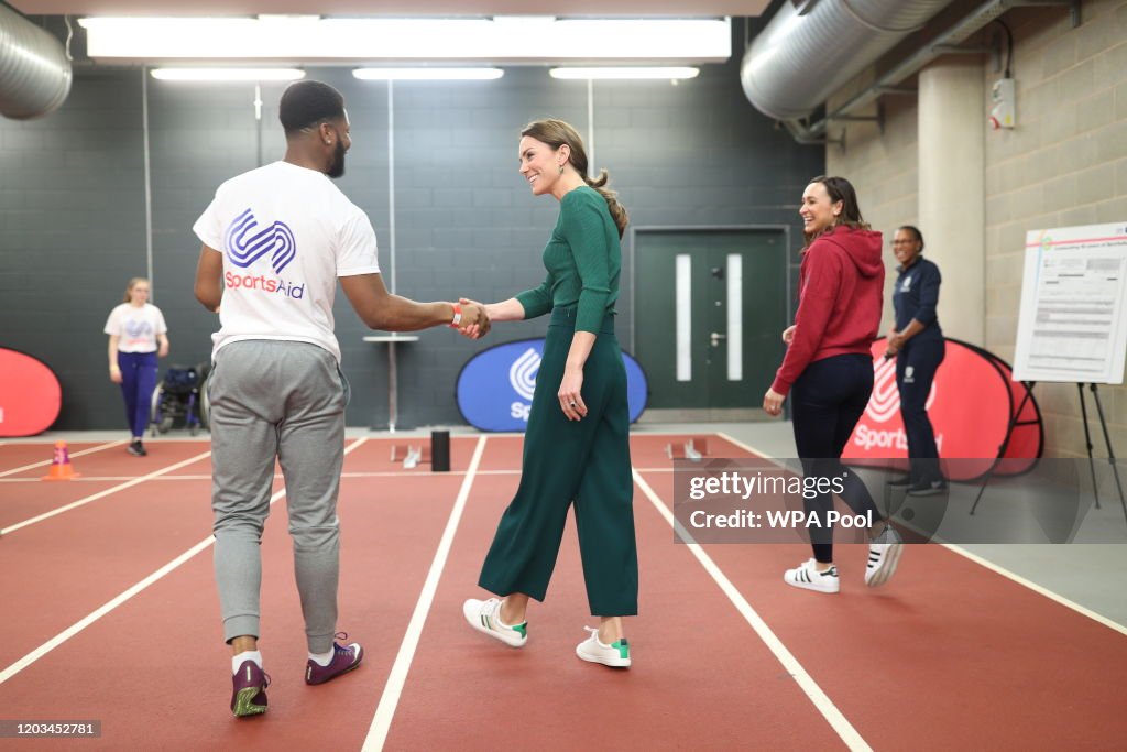 The Duchess Of Cambridge Visits London Stadium To Meet The Parents And Guardians Of SportsAid Stars