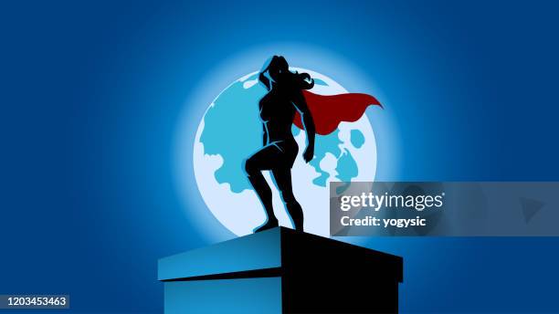 vektor weibliche superhelden silhouette mit mond hintergrund stock illustration - children role playing crime stock-grafiken, -clipart, -cartoons und -symbole