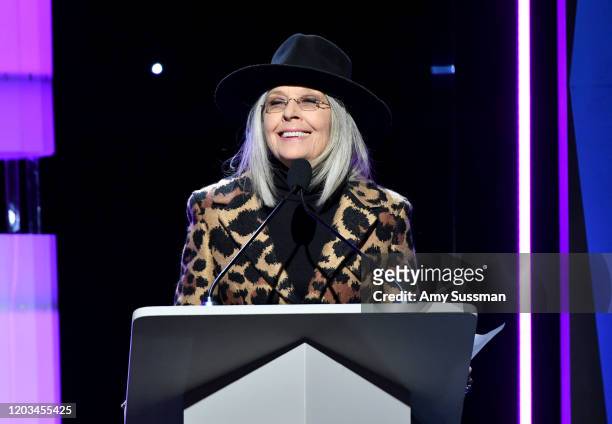 Diane Keaton speaks onstage during the 2020 Writers Guild Awards West Coast Ceremony at The Beverly Hilton Hotel on February 01, 2020 in Beverly...