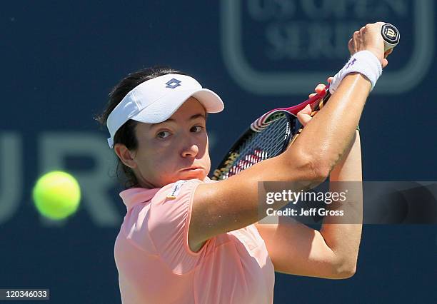 Alberta Brianti of Italy returns a backhand to Ana Ivanovic of Serbia during the Mercury Insurance Open presented by Tri-City Medical at the La Costa...