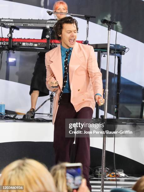 Harry Styles is seen performing at the 'Today' show at the Rockefeller Plaza on February 26, 2020 in New York City.