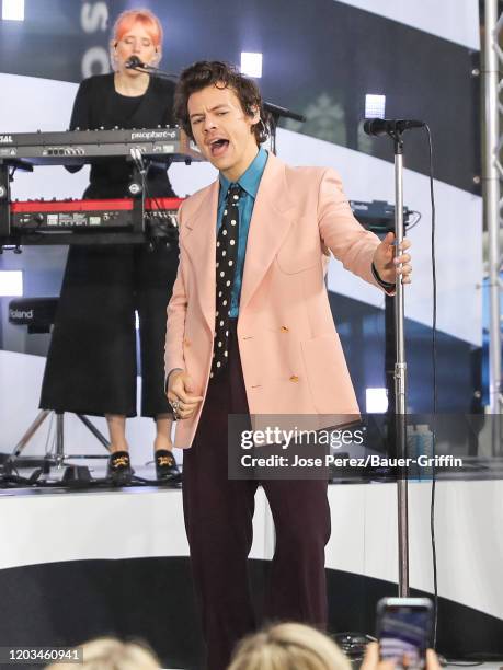 Harry Styles is seen performing at the 'Today' show at the Rockefeller Plaza on February 26, 2020 in New York City.