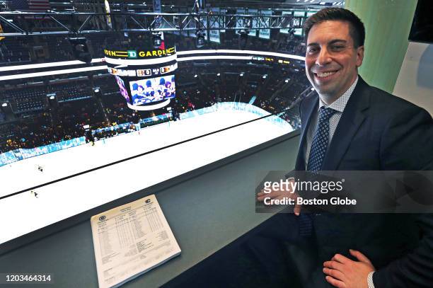 Calgary Flames assistant general manager Chris Snow poses for a portrait in the visiting team's suite on the press level above the rink. The Boston...