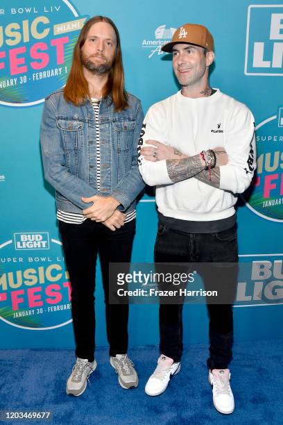 James Valentine and Adam Levine of Maroon 5 attend Bud Light Super Bowl Music Fest on February 01, 2020 in Miami, Florida.