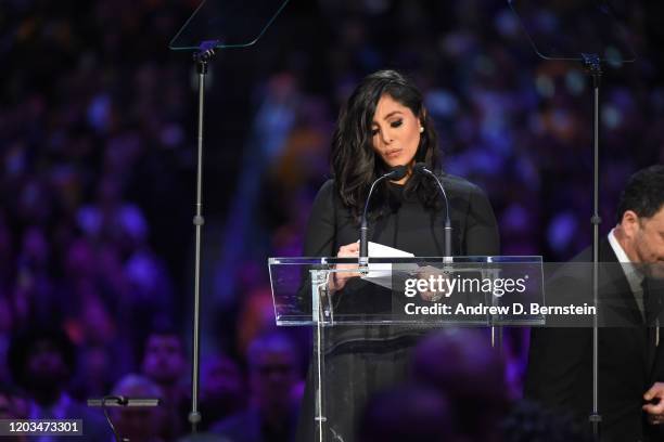 Vanessa Bryant speaks to the crowd during the Kobe Bryant Memorial Service on February 24, 2020 at STAPLES Center in Los Angeles, California. NOTE TO...