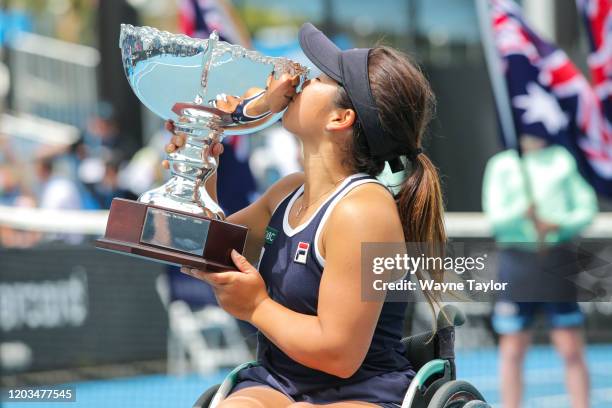 Yui Kamiji of Japan after winning her Womens wheelchair Final against Aniek Van Koot of The Netherlands on day fourteen of the 2020 Australian Open...