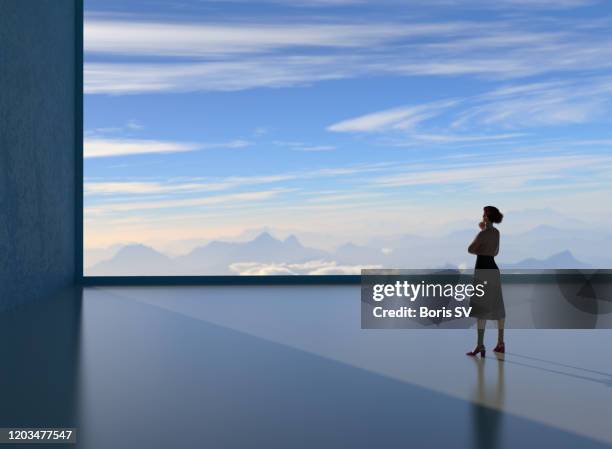 businesswoman watching sunrise in the mountains - giant woman photos et images de collection