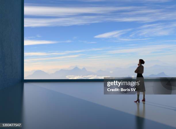 businesswoman watching sunrise in the mountains - giant woman ストックフォトと画像