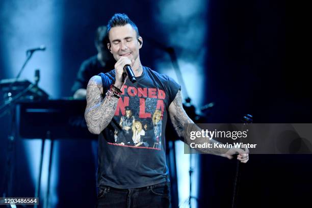 Adam Levine with Maroon 5 performs onstage during the Bud Light Super Bowl Music Fest on February 01, 2020 in Miami, Florida.