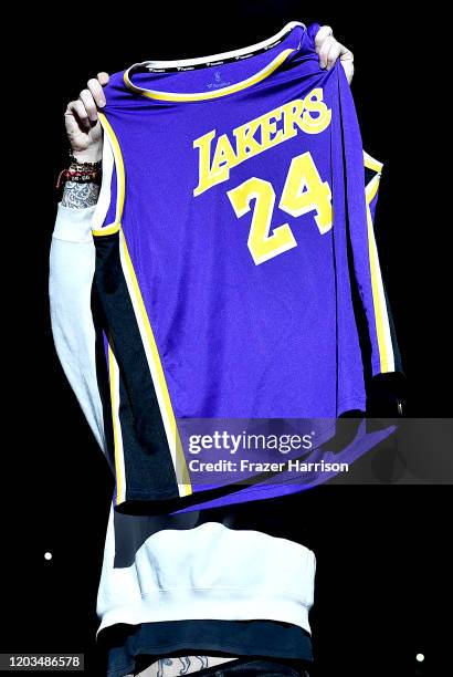Adam Levine with Maroon 5 honors Kobe Bryant onstage during the Bud Light Super Bowl Music Fest on February 01, 2020 in Miami, Florida.