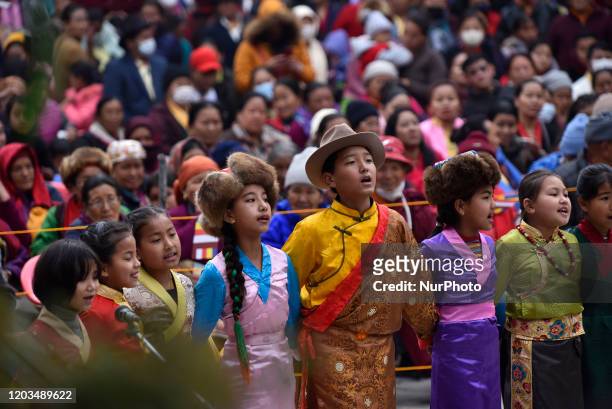 Nepalese People from Sherpa community in a traditional attires dance during Tibetan New Year or Gyalpo Losar Celebrated in Boudhanath, Kathmandu,...