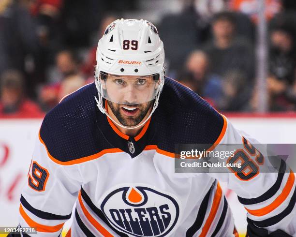 Sam Gagner of the Edmonton Oilers in action against the Calgary Flames during an NHL game at Scotiabank Saddledome on February 1, 2020 in Calgary,...