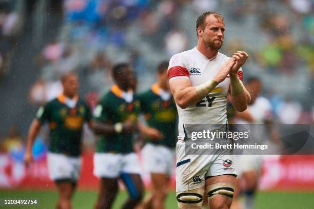 Ben Pinkelman of the USA acknowledges the crowd after defeat during the 2020 Sydney Sevens Semi Final match between South Africa and USA at Bankwest...