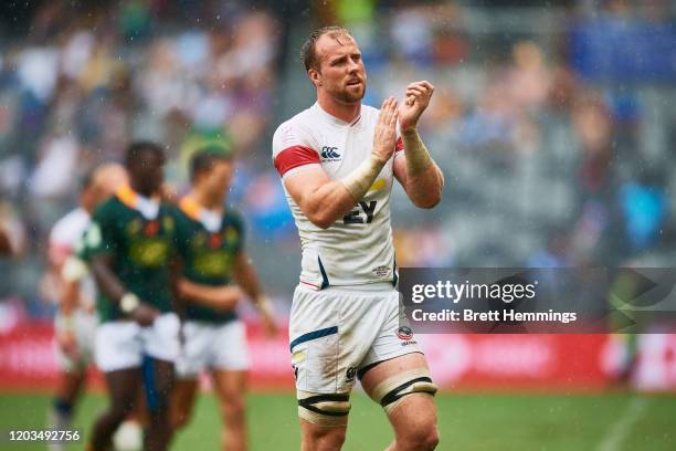 Ben Pinkelman of the USA acknowledges the crowd after defeat during the 2020 Sydney Sevens Semi Final match between South Africa and USA at Bankwest...