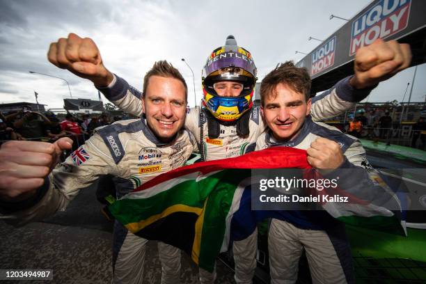 Maxime Soulet, Jules Gounon and Jordan Pepper of Bentley Team M-Sport celebrate after winning the 2020 Bathurst 12 Hour at Mount Panorama on February...