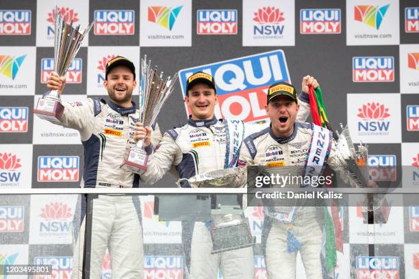 Jules Gounon, Jordan Pepper and Maxime Soulet of Bentley Team M-Sport celebrate after winning the 2020 Bathurst 12 Hour at Mount Panorama on February...